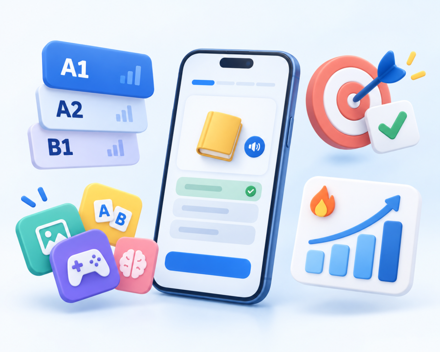 Vocab5000 app features: levels, games and progress tracking